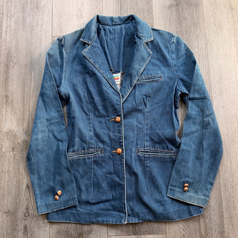Vintage 70s Wrangler Womens 11/M Denim Blazer Jacket Made in USA Wood Buttons